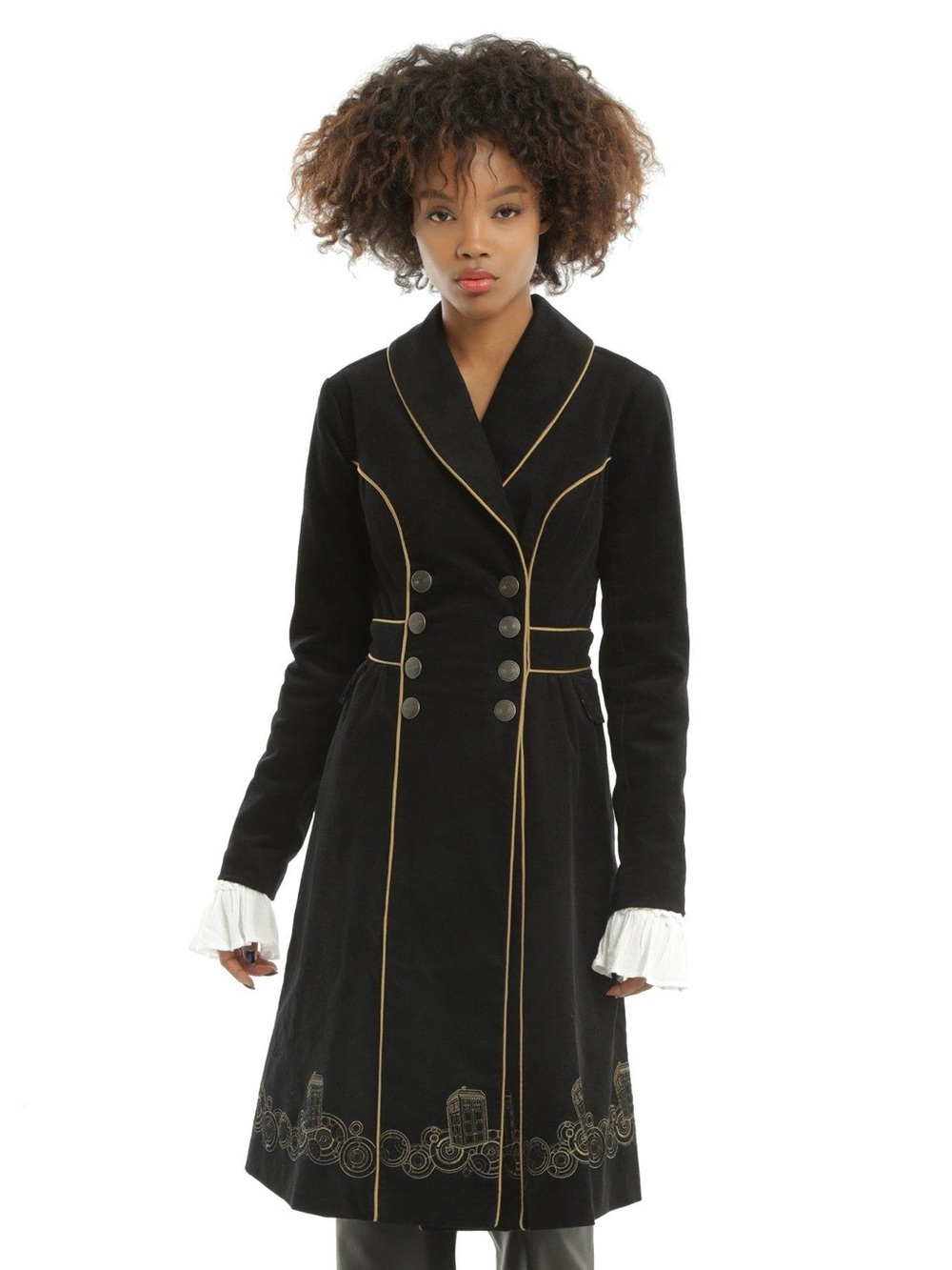 Hot Topic Doctor Who Embroidered TARDIS Corduroy Coat Black Gold Cosplay Size L